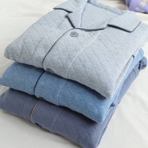 冬季全棉男士睡衣纯棉空气棉三层夹棉加厚保暖全棉家居服长袖套装