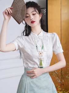 搭配马面裙的短袖衬衣夏季复古提花立领上衣女新中式国风对襟衬衫