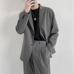 灰色西装男高级炸街套装宽松韩版英伦风简约盐系穿搭轻熟一套西服