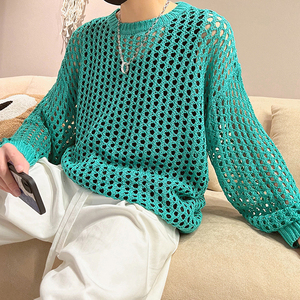 韩版ins透视网眼镂空针织衫设计感慵懒风长袖毛衣男女情侣上衣潮