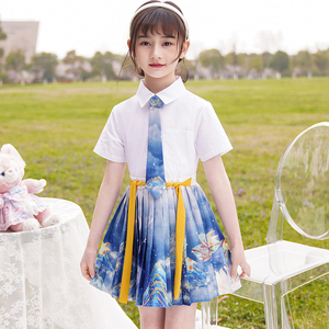 jk制服套装女童小学生衬衫短袖百褶裙夏季三件套儿童汉服元素裙子