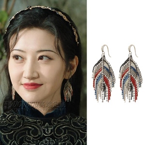 司藤景甜同款耳环高级感精致夸张长款树叶羽毛耳钩复古民族风耳饰