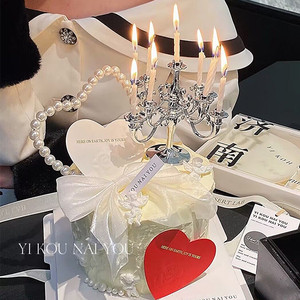 妇女情人节生日蛋糕装饰摆件复古烛台珍珠蝴蝶结情侣求婚甜品装扮