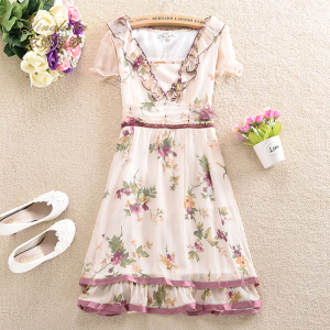 2020春夏新款粉红玛丽女装高档印花收腰显瘦减龄真丝中高腰连衣裙