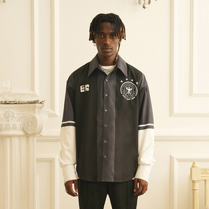 empty reference 黑白全幅印花球衣长袖衬衫刺绣古巴领男秋季宽松