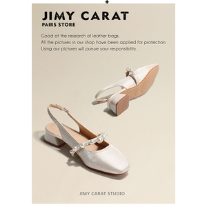 JIMY CARAT裸杏色一字带珍珠中跟包头凉鞋女法式小方头粗高跟单鞋