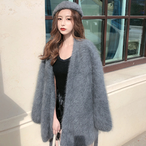 针织貂绒长毛开衫长款