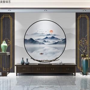 8d现代简约轻奢新中式电视背景墙壁纸沙发水墨山水墙纸壁画仿边框