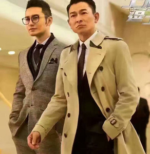王牌逗王牌刘德华黄晓明同款卡其b家双排扣风衣中长款大衣外套男