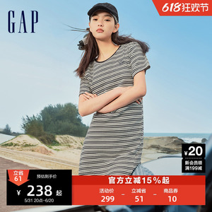 Gap女装2024夏季新款条纹褶裥收腰短袖连衣裙清新甜美长裙512504