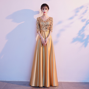 大合唱团演出服服装美声独唱亮片礼服女演唱主持人长裙香槟色高档