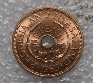 英属罗得西亚和尼亚萨兰1963年1便士铜币,27mm,外国硬币