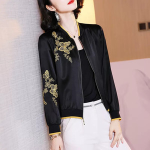 真丝外套女薄款外搭高端大码显瘦棒球服时尚洋气黑色桑蚕丝上衣