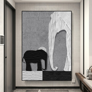 notareart手绘油画《相守》大象黑白动物玄关挂画立体客厅装饰画