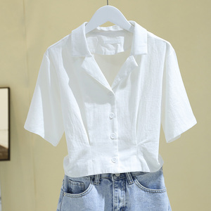 束腰西装领衬衫女短袖2022夏季新款设计感小众韩版修身短款白衬衣