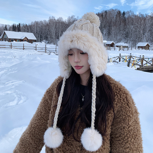 秋冬出游韩版毛线帽加厚加绒针织保暖护耳帽可爱兔毛毛球女士帽子