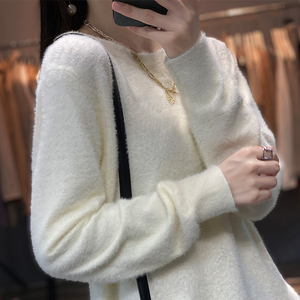 水貂绒毛衣女秋冬套头针织圆领长袖上衣内搭打底衫外穿软糯加厚潮