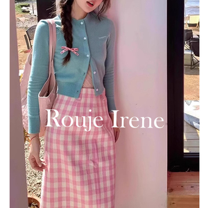 ROUJE IRENE法式新款刺绣单排扣绿色针织衫粉色格子半身裙套装女