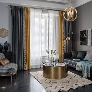 通适 现代轻奢 几何花边拼色遮光天鹅绒窗帘  流苏棉白纱客厅卧室