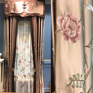 复古浅咖色绣花窗帘新中式仿真丝刺绣美式卧室中国风客厅窗帘布料