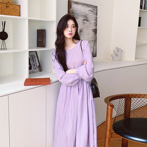 很仙的超好看浅紫色长袖连衣裙女春秋2024新款茶歇法式高级感长裙