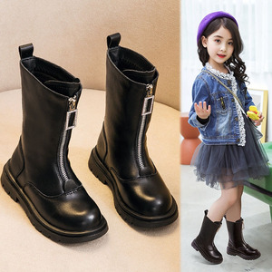 女童加绒马丁靴2021秋冬季新款小女孩二棉短靴儿童真皮中高筒靴子