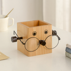 实木多功能创意笔筒 定制榉木收纳盒办公桌面摆件木制笔筒眼睛架