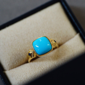 天然绿松石方形戒指18k金钻石蓝宝石镶高瓷蓝睡美人闺蜜礼物方戒