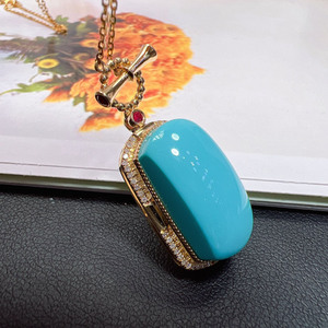 原矿高瓷蓝绿松石方牌吊坠18k金镶嵌通体金项链女神精品挂坠