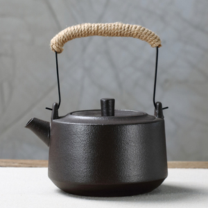 日式家用煮茶器黑陶土釉色烧水壶粗陶提梁明火耐高温煮水壶电陶炉