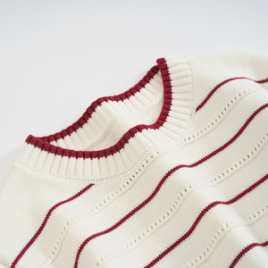 全棉100% 红白条纹毛衣女套头圆领秋冬长袖针织打底衫粗线 宽松版
