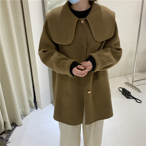 2021年秋冬新款双面羊绒大衣女海军领中长款胸针直筒羊毛毛呢外套