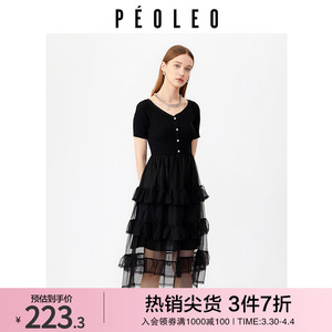 飘蕾优雅黑色连衣裙2023春季新款气质法式短袖蛋糕裙女peo