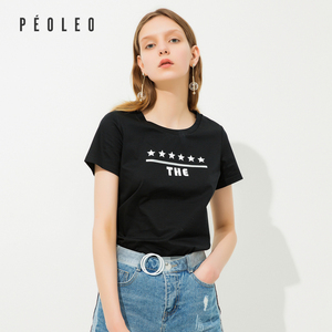 Peoleo飘蕾2019夏装新款黑色百搭短袖T恤女时尚休闲上