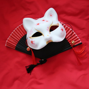 复古和风日系樱花半脸妖狐狸猫铃铛面具抖音网红同款拍照道具cos