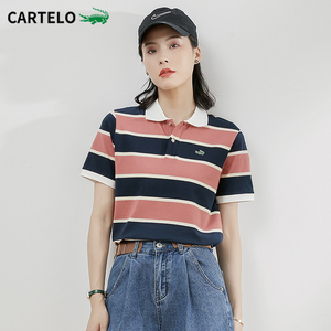 cartelo鳄鱼女装条纹polo领t恤女夏季短袖2022新款休闲运动polo衫