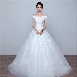 一字肩白色飘纱蓬蓬裙婚纱 民歌独唱艺考声乐独唱演出服 指挥礼服