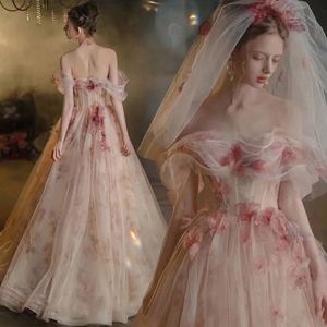 宴会晚礼服2024新款粉色花朵新娘结婚订婚敬酒服婚纱演出服主持人
