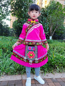 新款贝壳女童装云南民族服装羌族傈僳族女童套装玫红大红色两件套