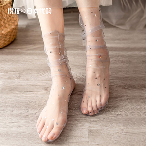 日本GP夏季薄款日系甜美透明网纱堆堆袜月亮星星蕾丝袜子女中筒袜