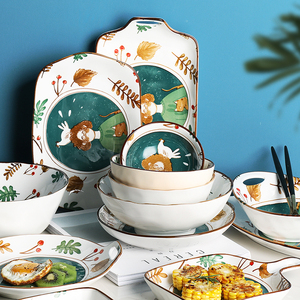 日式卡通手绘餐具套装家用陶瓷餐盘米饭碗面碗汤碗情侣2人碗筷