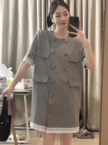 灰色西装裙连衣裙女夏季新款2024设计感气质宽松高级感蕾丝衬衣裙