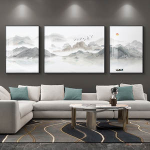 山水画客厅青山绿水装饰画大幅风景沙发背景墙挂画背有靠山三联画