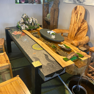 香樟木大型循环流水茶台禅意茶室曲水流觞茶几客厅景观一体泡茶桌