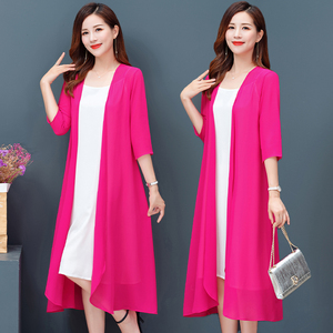 夏季新款外披女中长款雪纺开衫沙滩披肩纯色外搭配裙子大码薄外套