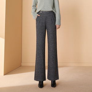 酷朵女裤羊毛呢子喇叭裤女2021秋冬人字纹阔腿长裤梅鸿21q2119-15