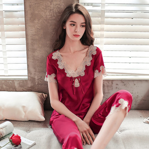 品牌真丝睡衣套装女夏季高级感短袖桑蚕丝睡衣红色100%真丝家居服