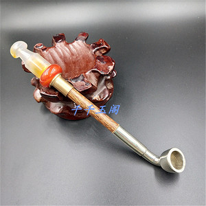 老式旱烟袋 天然玛瑙旱烟嘴 白铜旱烟锅短款便携老人男士烟具烟斗