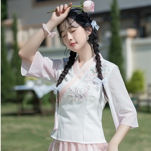 新中式改良汉服女年轻款V领旗袍上衣 民国风唐装采耳师茶艺两件套