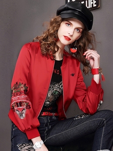 红色外套女欧货2022春装新款重工刺绣立领棒球服长袖夹克上衣春秋